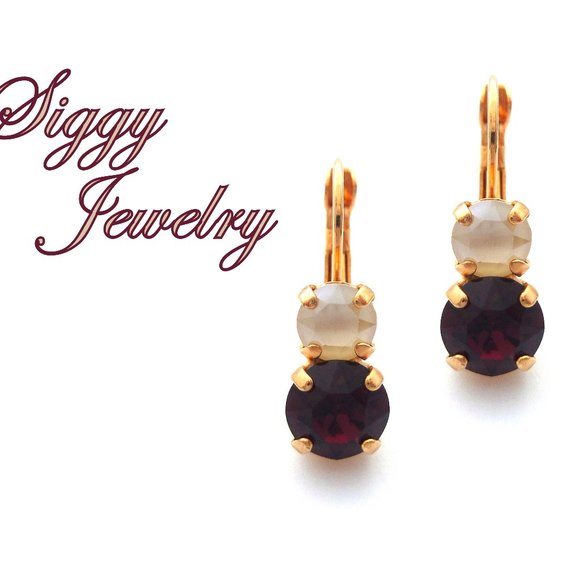 Swarovski Crystal Double Drop Earrings, Ivory Cream and Burgundy, Lever-Back - Picture 1 of 5